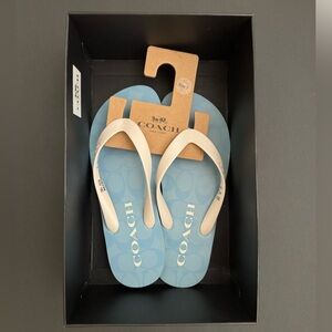 COACH Blue White Signature Logo Zak Rubber Slip On Thong Flip Flop Sandals NWT